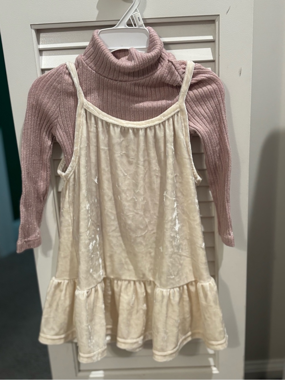Jessica Simpson Cream Velvet Slip Dress with Pink Ribbed Turtleneck